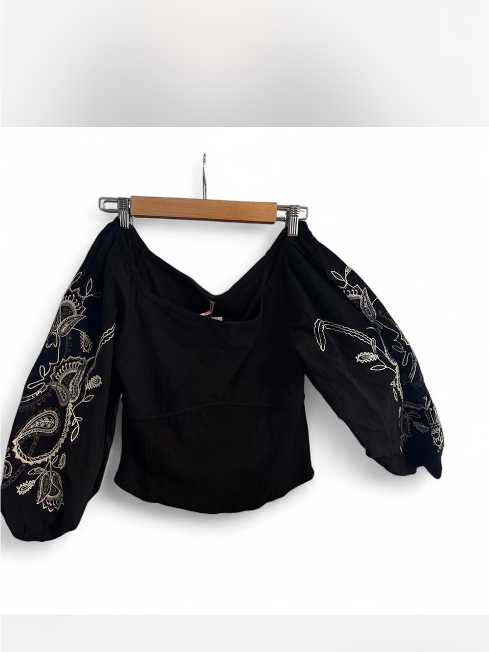Free People Black Puff-Sleeve Top with Cream Embroidery